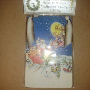 Vintage Inspired Santa in his Sleigh Miniboard Ornament and Gift Tag, New